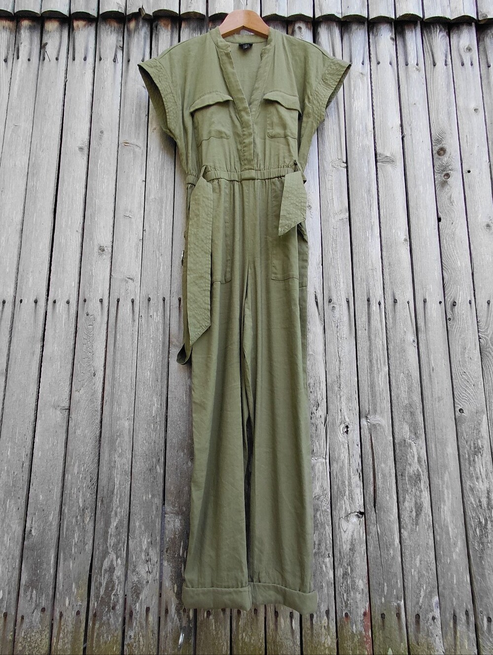 INC military green short sleeve & pants linen jumpsuit Womens 4